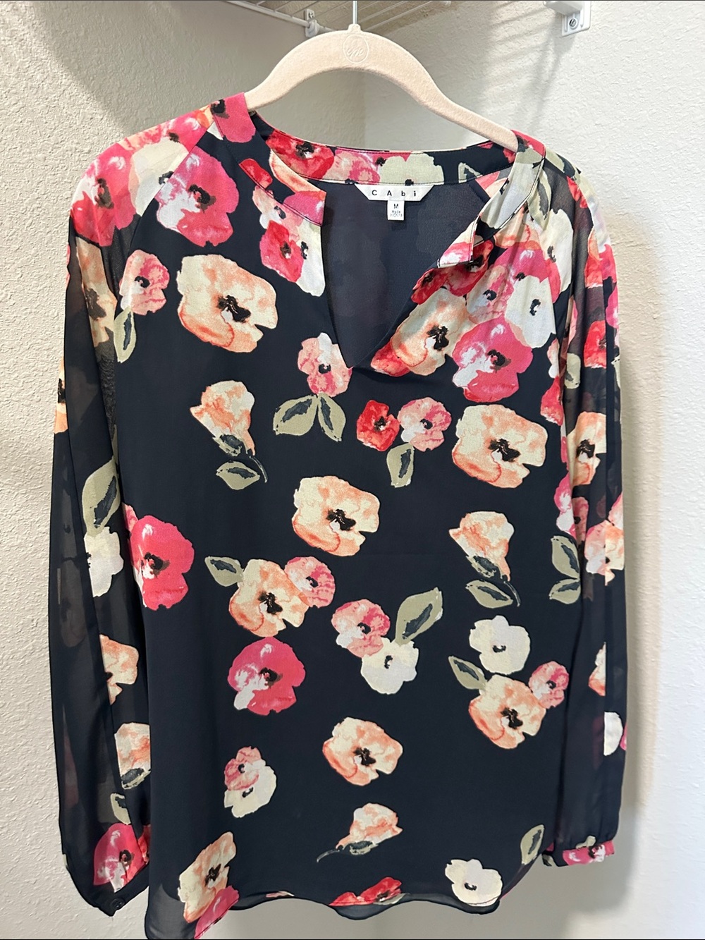 CAbi Black Floral V-Neck Tunic with Pink and Cream Blooms